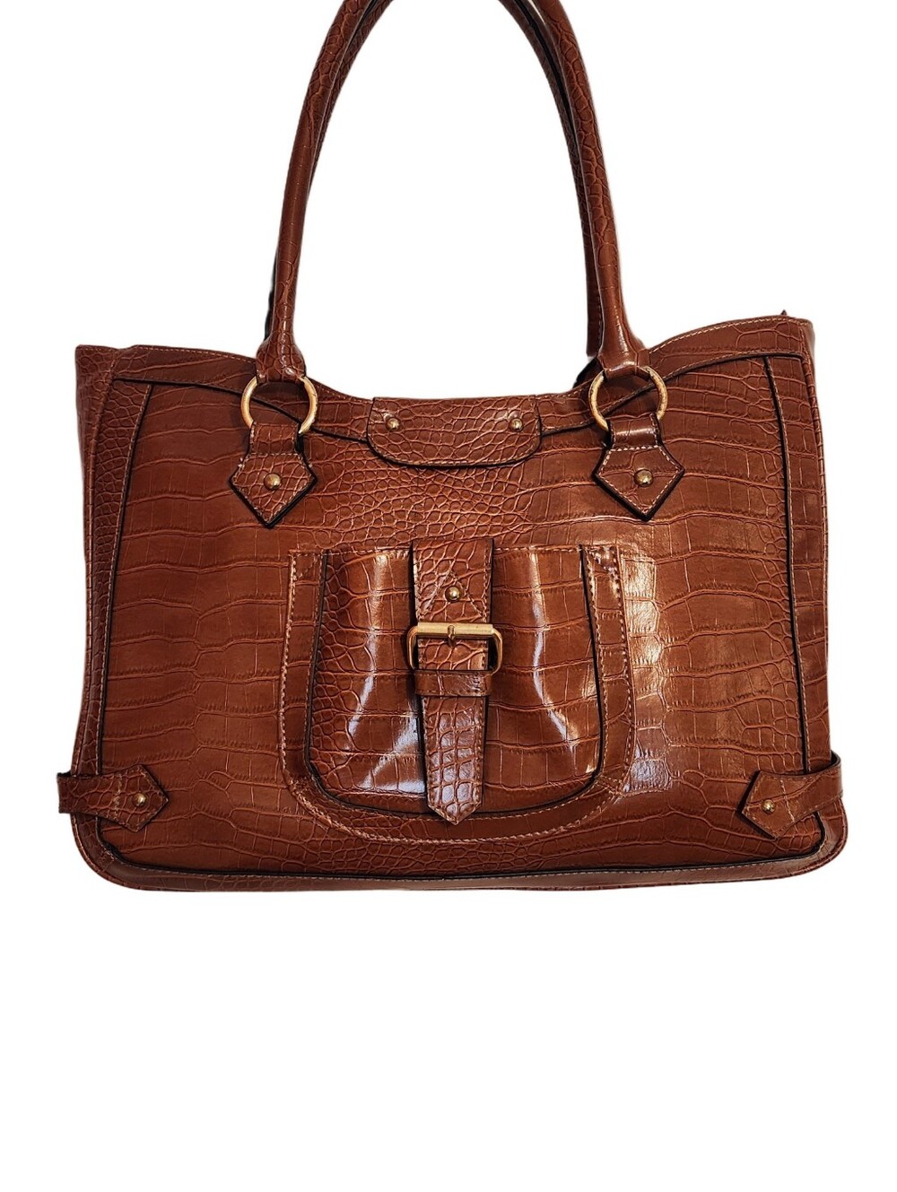 Merona Brown Croc Faux Leather Double Handle Laptop Tote Bag - Picture 2 of 11